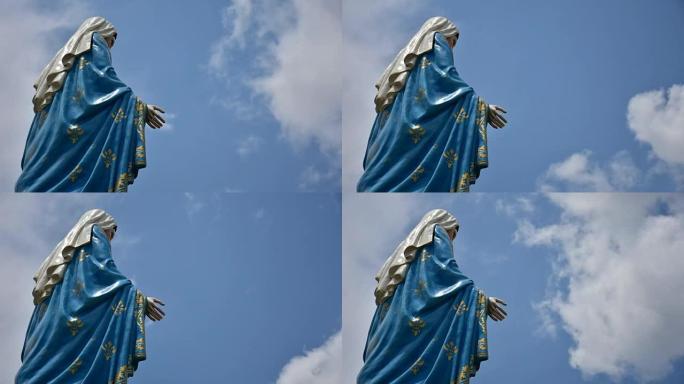 圣母玛利亚雕像在天空中移动，时光倒流