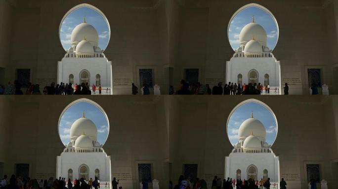 阳光明媚的日子阿布扎比著名清真寺拱门主圆顶拥挤大厅全景4k阿拉伯联合酋长国