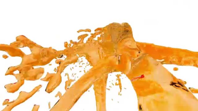 橙色的喷泉在空中飞溅着许多水花。橘色液体作为糖浆或甜柠檬水在慢动作与阿尔法通道作为光磨。ver62