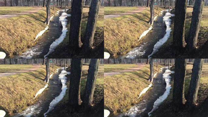 春天公园的溪流在融化的积雪中流动