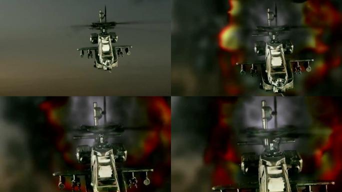 军用武装直升机在爆炸前飞行
