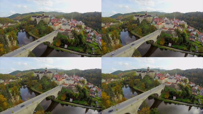 真正的欧洲城堡，皇家领主住宅，秋天的天线。美丽的空中拍摄欧洲，文化和风景，相机在空中平移。无人机在欧