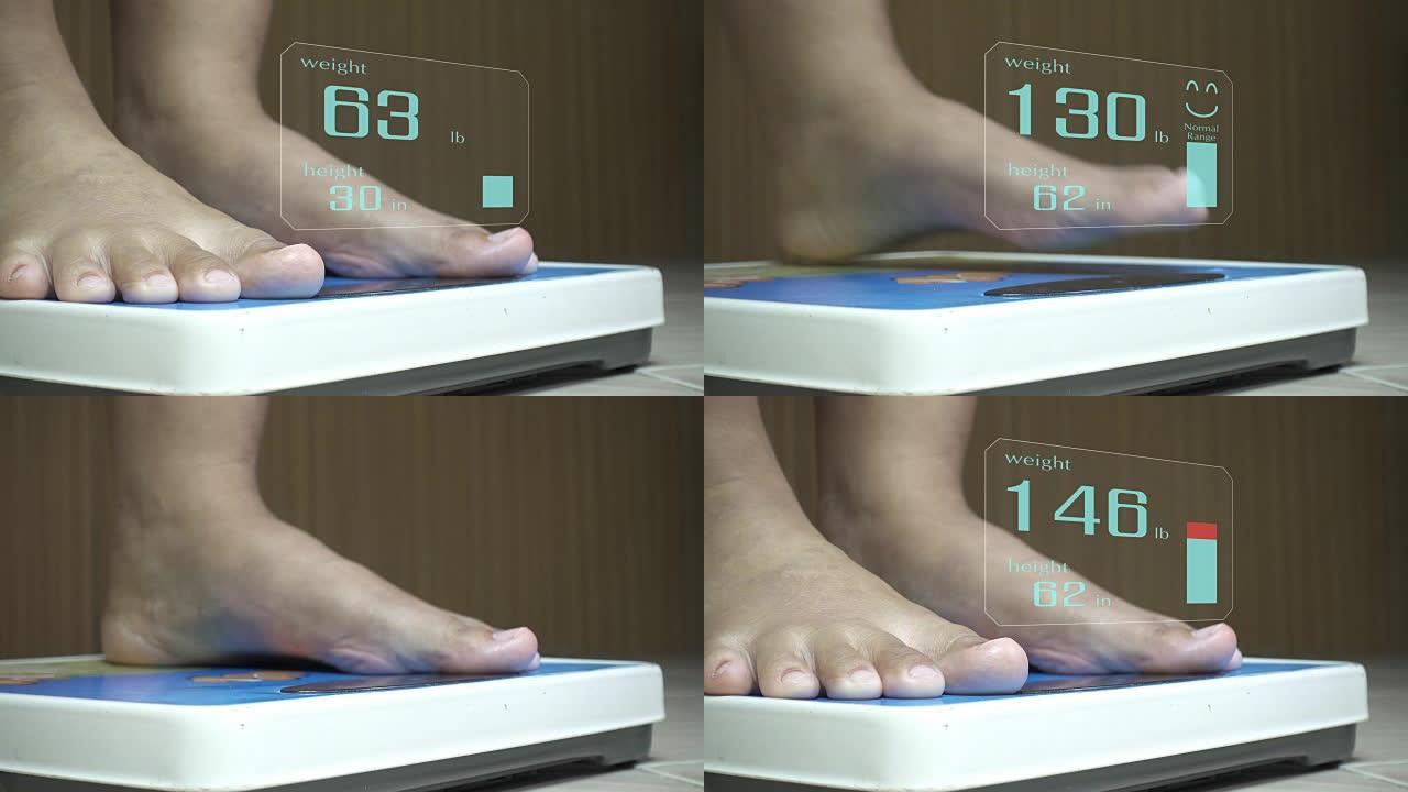 女性脚接近测量体重秤上的特写。全息图屏幕显示。两枪。