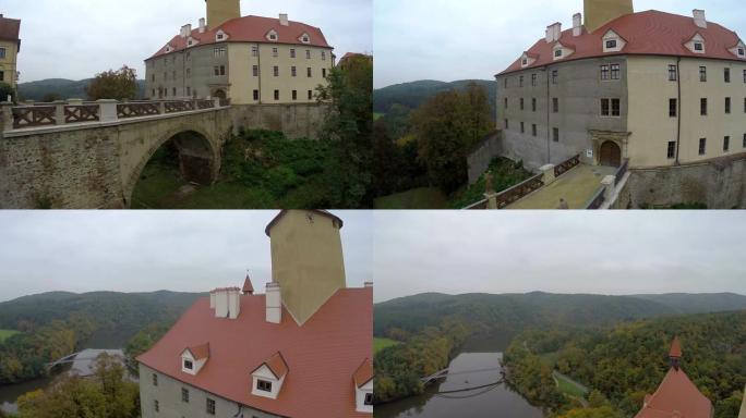 旧欧洲城堡土地领主，河桥航拍，捷克。美丽的空中拍摄欧洲，文化和风景，相机在空中平移。无人机在欧洲陆地