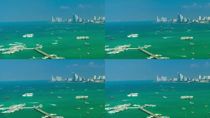 带船的热带城市海岸的延时视频
