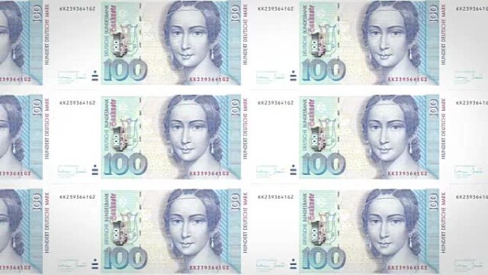 100德国马克的钞票或旧西德或德意志联邦共和国银行的德国马克在屏幕上滚动，世界硬币，现金货币，循环