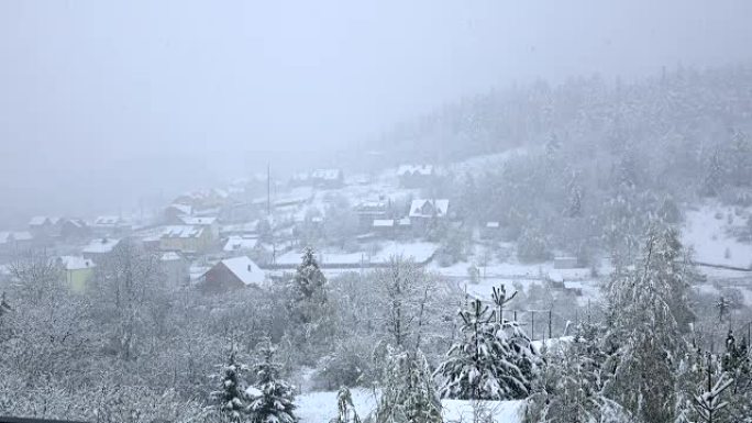 雪落在树木繁茂的山脚下的小村庄上