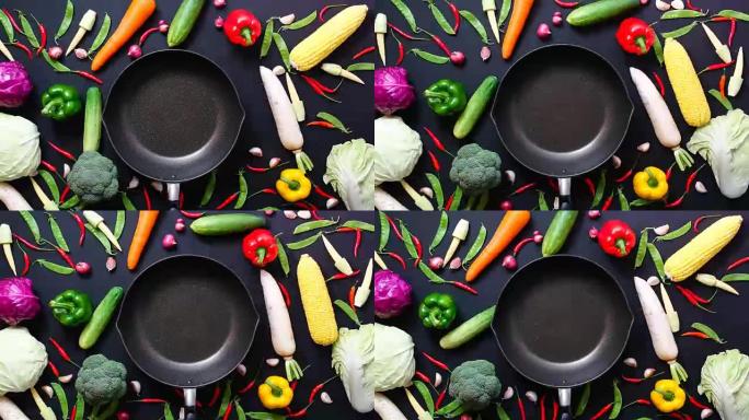 停止运动动画顶视图蔬菜和平移黑色背景复制空间