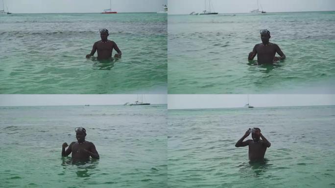 黑人潜水员要潜入海洋