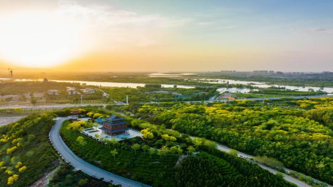 航拍滹沱河湿地河流风光延时