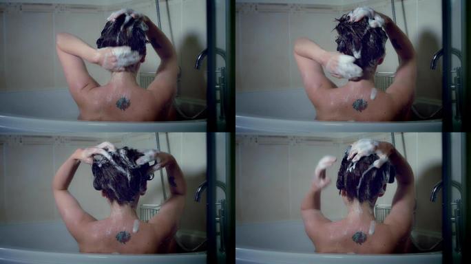 一个女人在浴室洗头的4k镜头