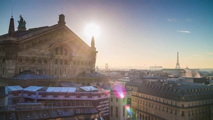 法国太阳光巴黎老佛爷屋顶视点城市景观全景4k延时