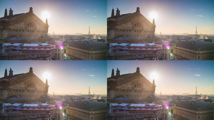 法国太阳光巴黎老佛爷屋顶视点城市景观全景4k延时