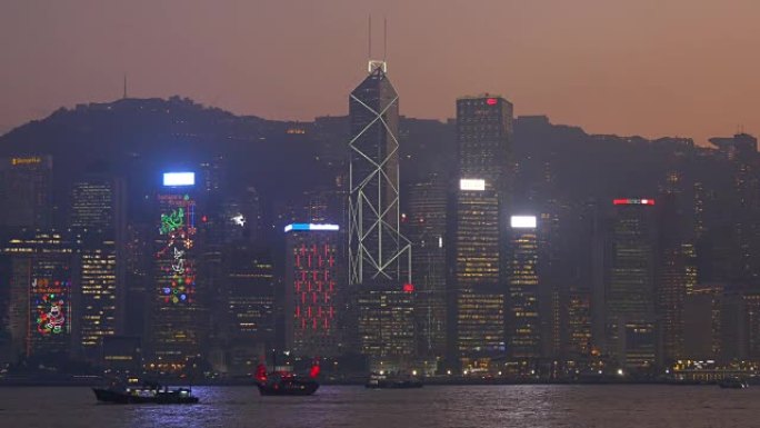 日落之夜照亮香港城市海湾港口全景4k中国