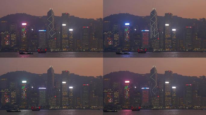 日落之夜照亮香港城市海湾港口全景4k中国