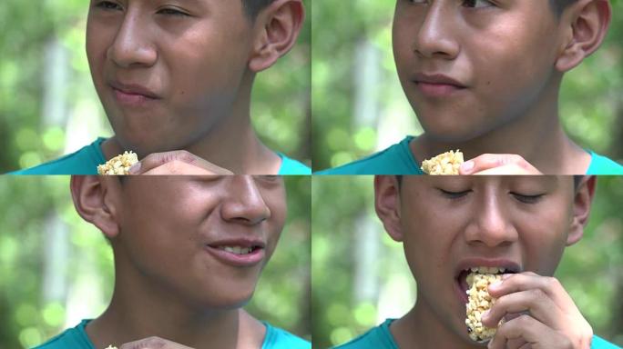 青少年男孩吃格兰诺拉麦片零食