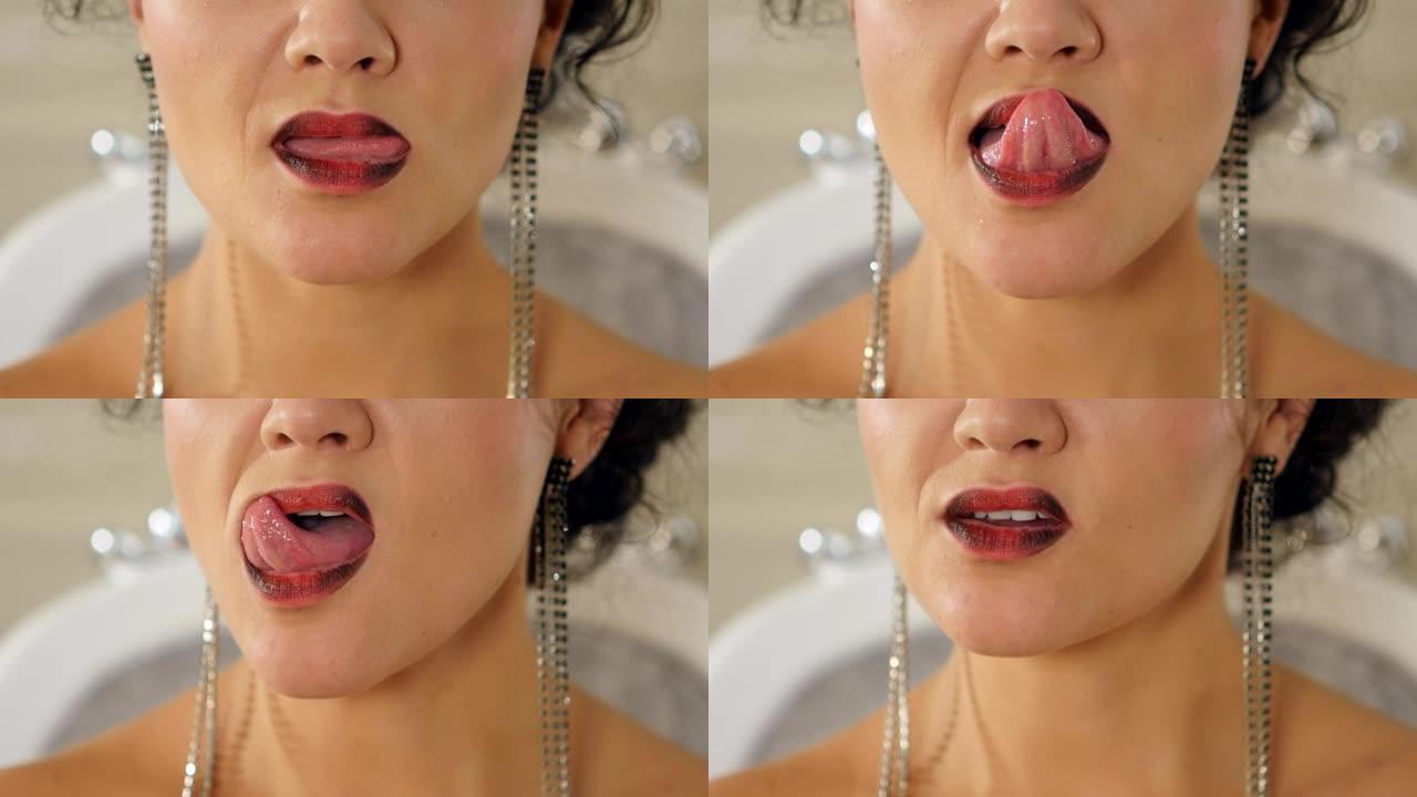 性感女人舔嘴唇舌头的特写