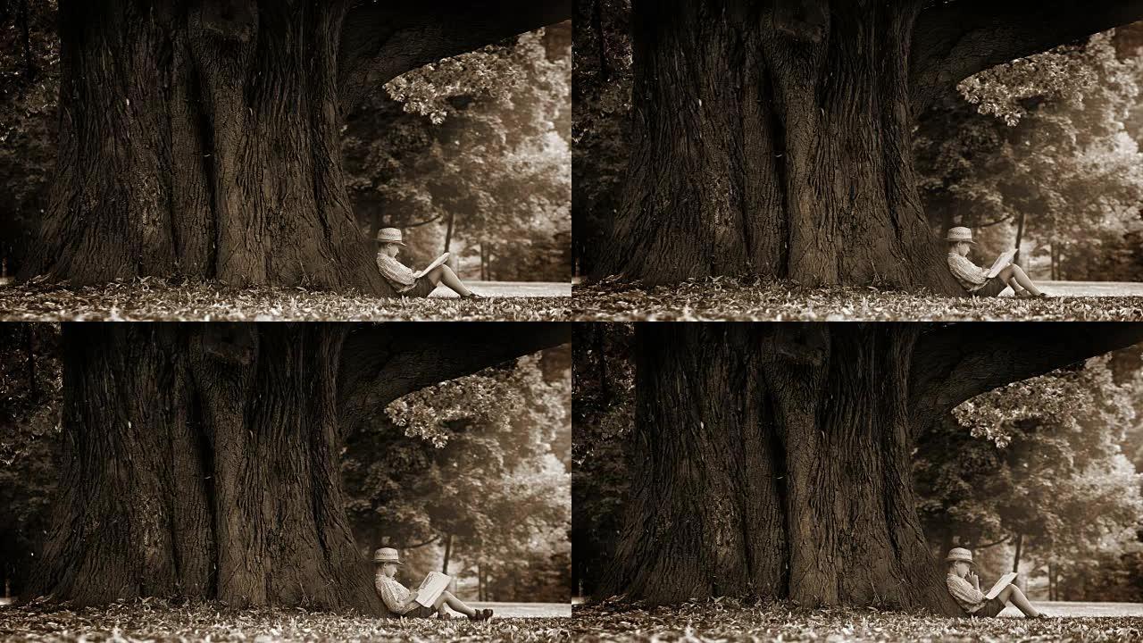 一个男孩坐在一棵巨大的菩提树脚下并阅读的棕褐色镜头