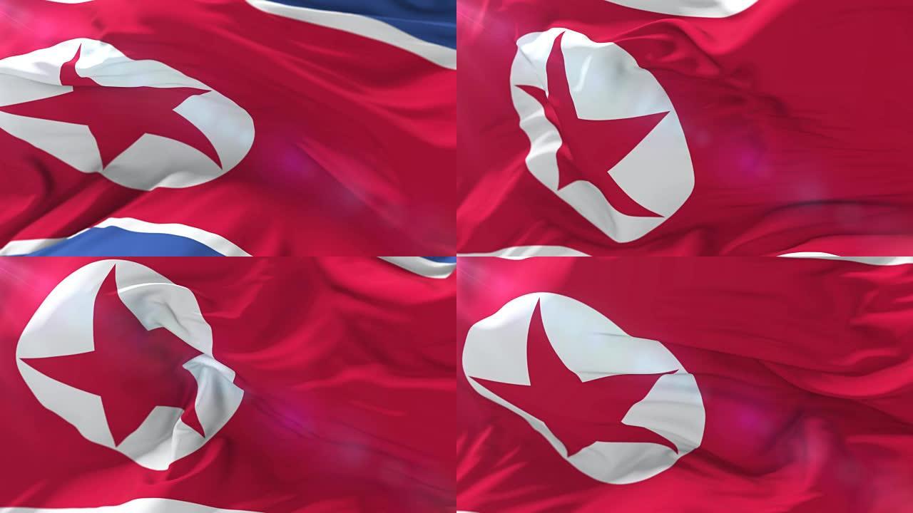 朝鲜的旗帜在风中挥舞，循环
