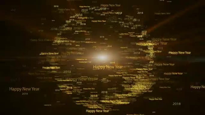 无缝循环，可循环动画运动背景，2018新年快乐文字在橙色圆圈形状浅蓝色背景中飞行。