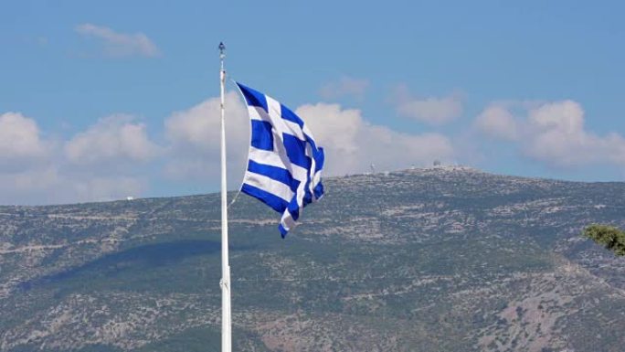 希腊雅典卫城山上的一面希腊国旗，4k