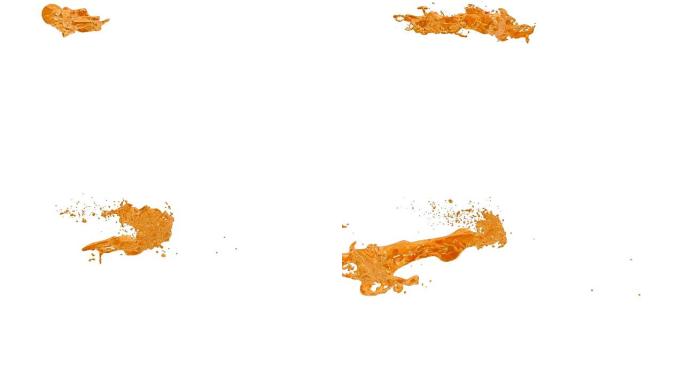 甜橙液体在空气中飞行。以阿尔法通道为亮度，以慢动作拍摄糖液流。版本8