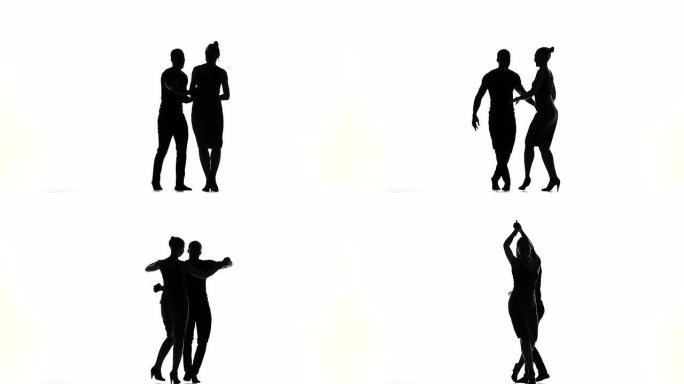 几个社交拉丁裔舞者在白色、慢动作、剪影上行动