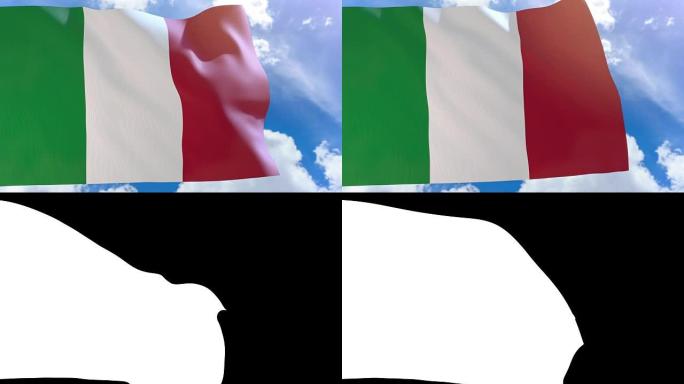 3D渲染意大利国旗在蓝色天空背景上挥舞阿尔法通道