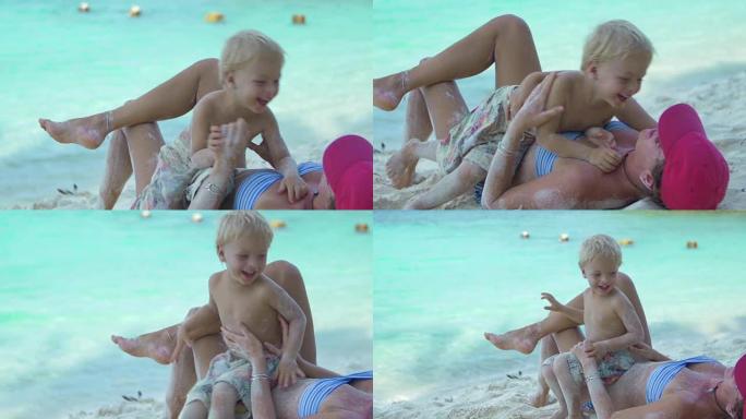母子在加勒比海海滩玩耍的视频