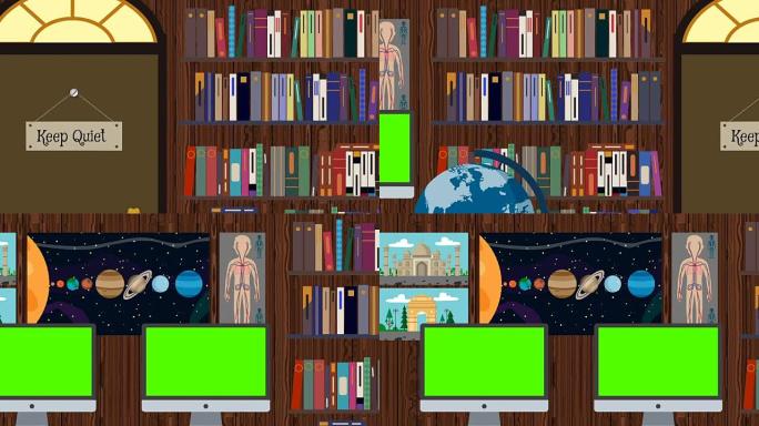 带有书架的卡通图书馆和带有绿屏的计算机