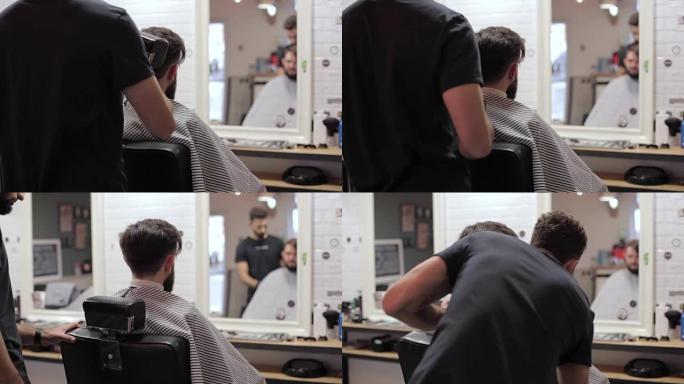 理发师准备他的客户刮胡子在一个老式的理发店。