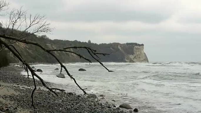 波罗的海沿岸阿科纳角的海滩景观。粉笔悬崖和黑刺灌木丛。(德国梅克伦堡-前波美拉恩) 鲁根岛。