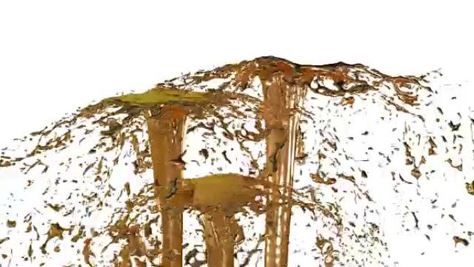 喷泉的液态金属流在空气中飞起，并有许多飞溅。在慢动作中拍摄金属液体作为金，阿尔法通道作为亮度哑光。V