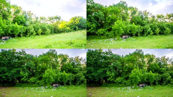 散落在森林绿草上的废物