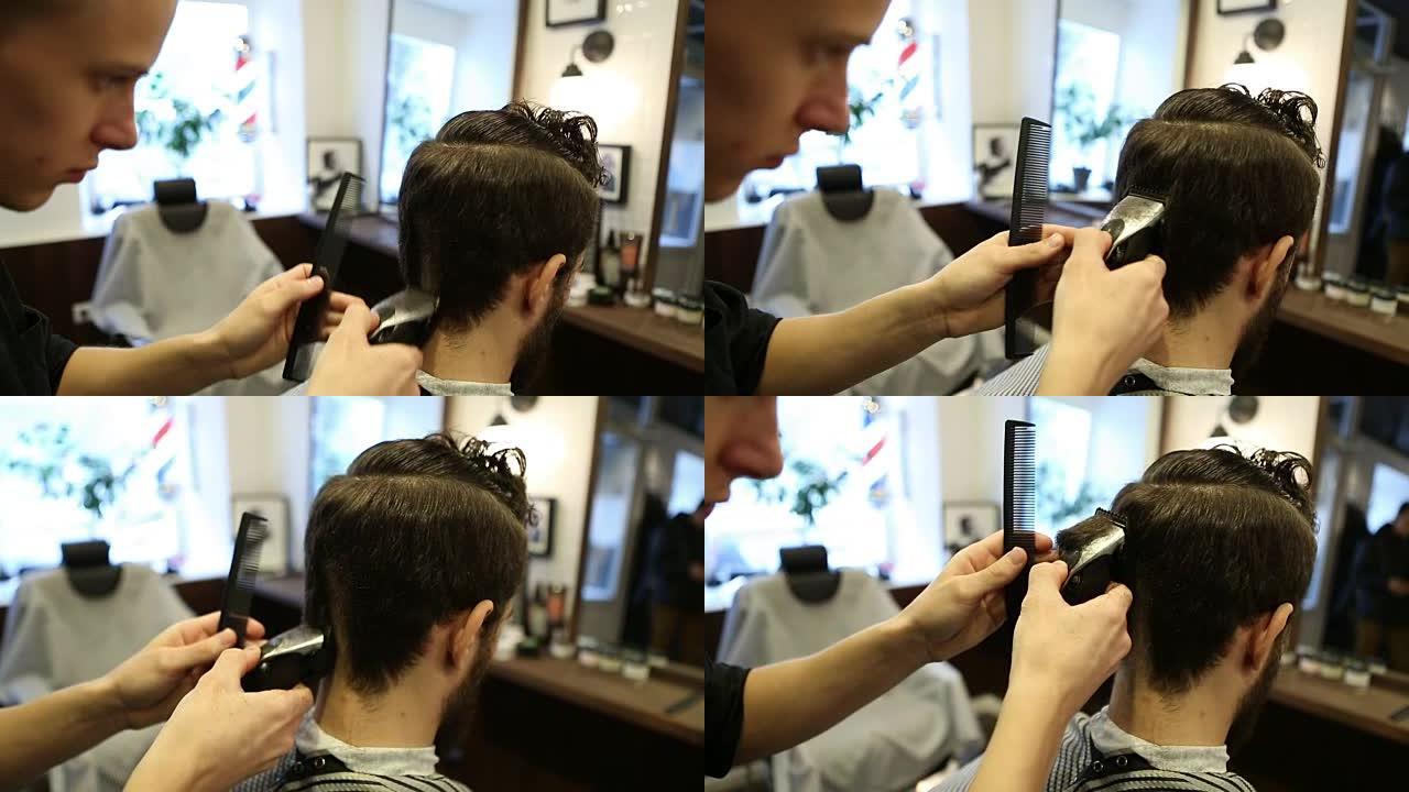 理发店用电动剃须刀理发。理发店或发廊的男士发型和理发。梳理胡须。工作场所的理发师