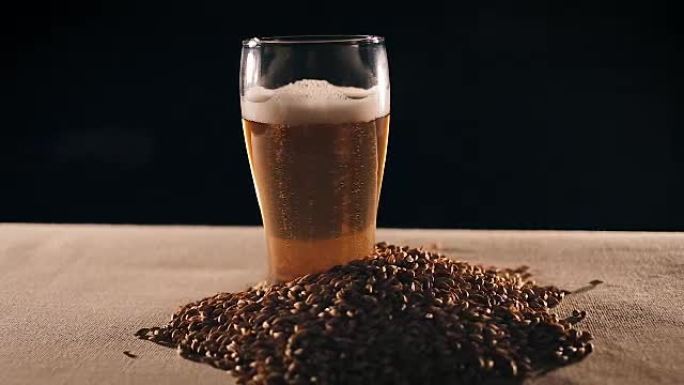 一杯柔和发光的啤酒，周围是一把成熟的小麦。