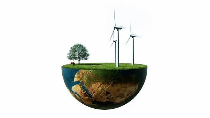 环境概念，地球地球将风力涡轮机与白色对抗