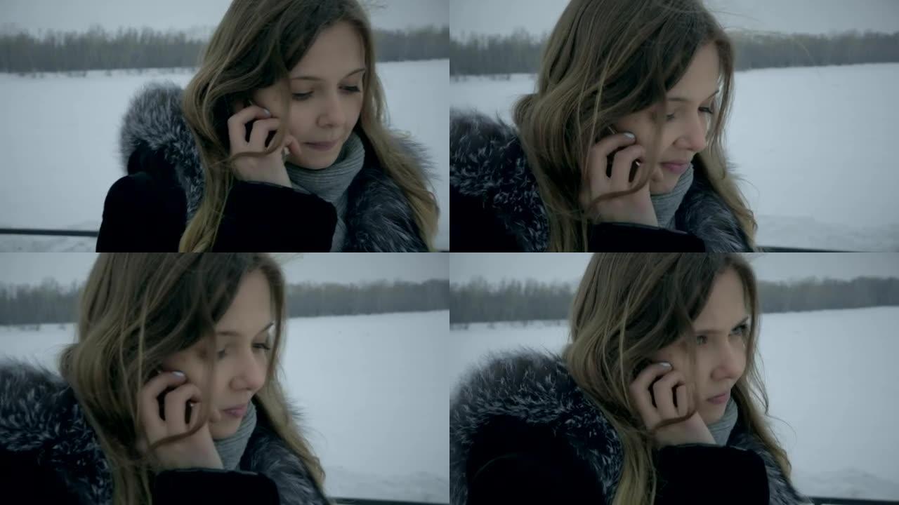 冻结的女孩打电话给智能手机。盖伊约会迟到了