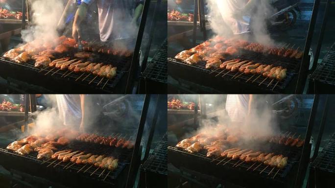泰国风味街头美食烤鸡或木炭烧烤