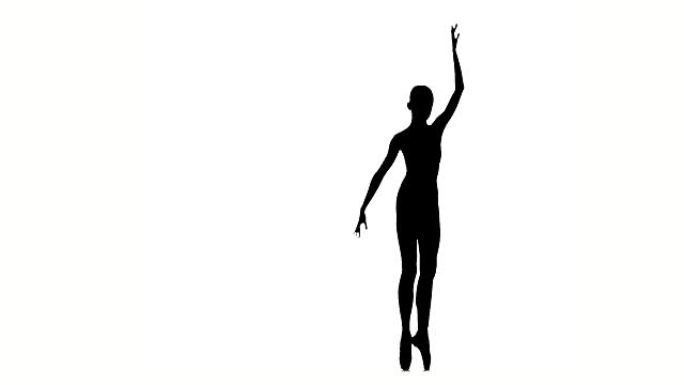 小芭蕾舞女演员在白色背景上摆姿势。轮廓。慢动作