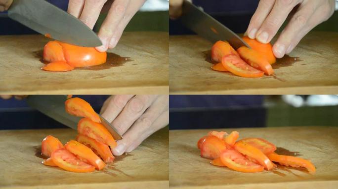 手握刀将番茄切成薄片