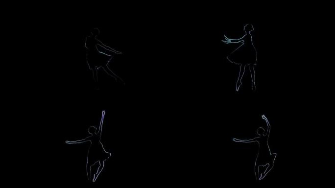 电脑图形女孩芭蕾舞演员跳舞。黑色背景中的慢动作