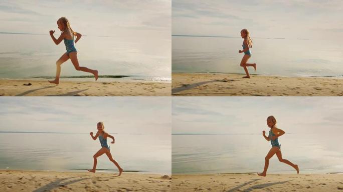 无忧无虑的金发女孩5年沿着海岸奔跑。他笑了一下她的脚，飞出了很多水