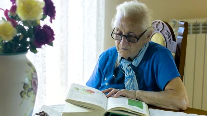 老女人在研究一本旧书，老人