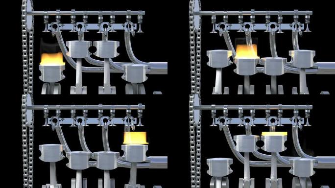 四缸发动机与爆炸一起工作。循环。