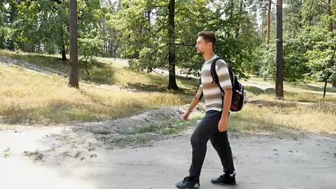 夏季，一名旅游背包客在风景如画的松树林中徒步旅行