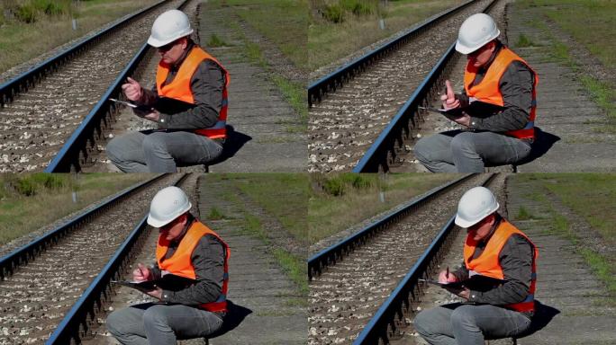 铁路工人坐在铁路附近写作