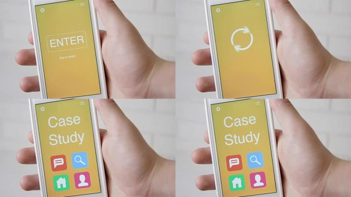 案例研究概念在智能手机上的应用。Man使用移动应用程序。