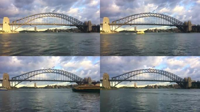 日出时悉尼海港大桥东侧的时间流逝