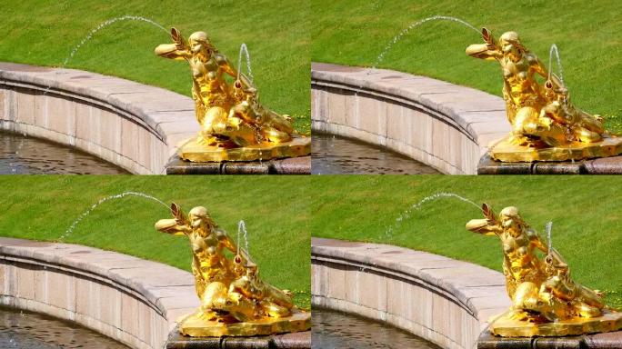 彼得霍夫。喷泉。雕像。慢动作。圣彼得堡